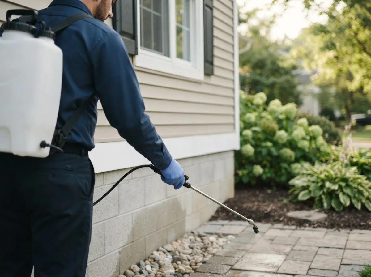 Pest control technician inspecting a home in Western, NE